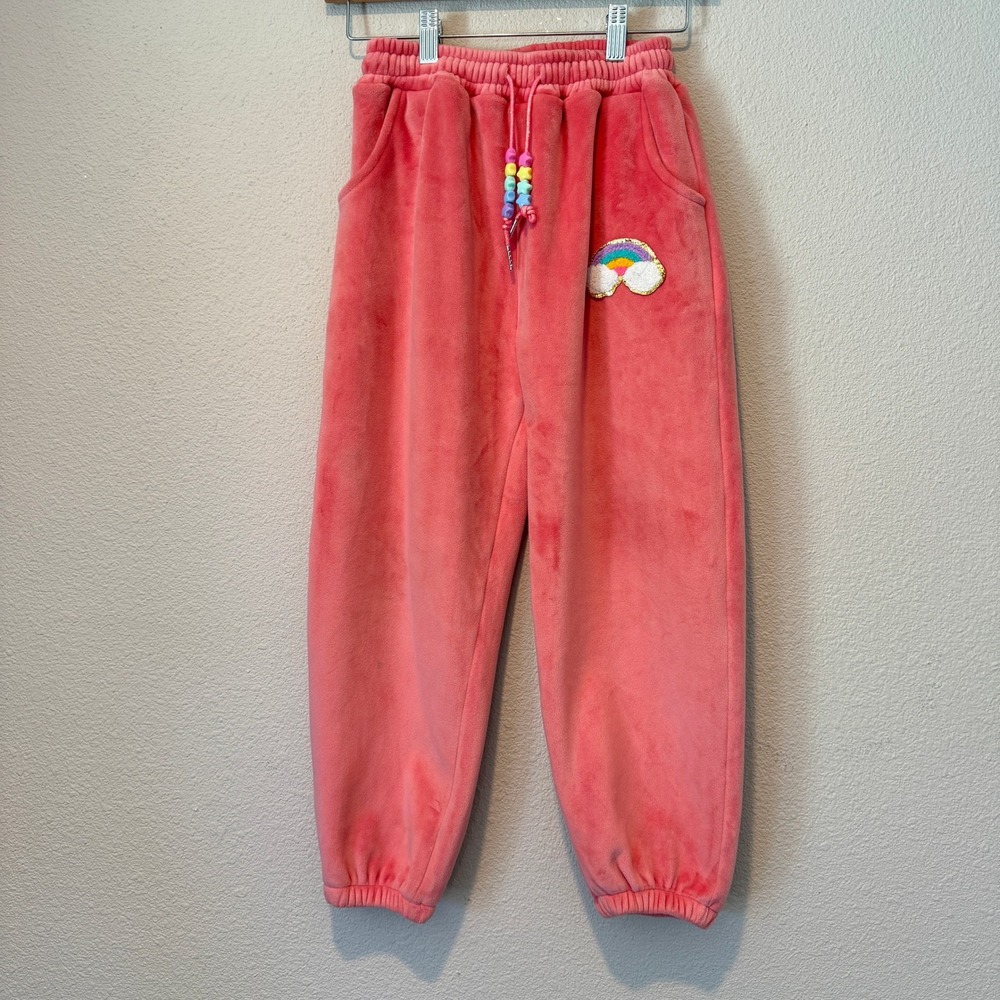 Lola + The Boys Pink Velour Rainbow Sequin Joggers Beaded Drawstring Size 10